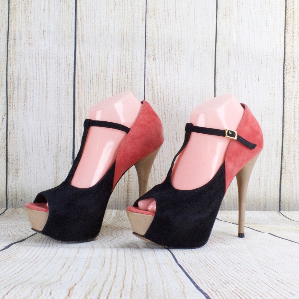 Buffalo London Platform Heels Pink Black Suede 9 - Picture 5 of 8